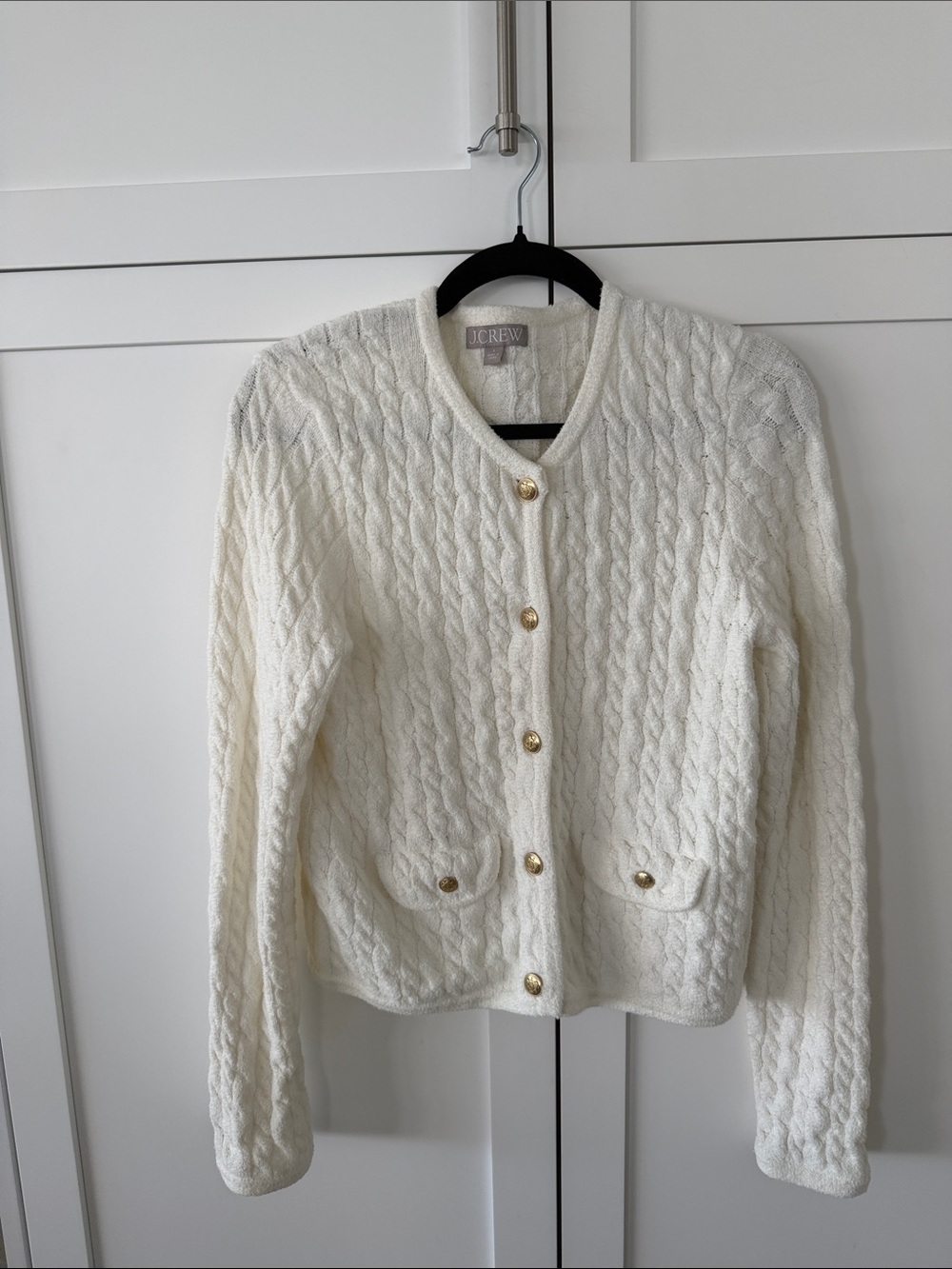 J. Crew Cream Cable Knit Button-Front Cardigan with Gold Buttons